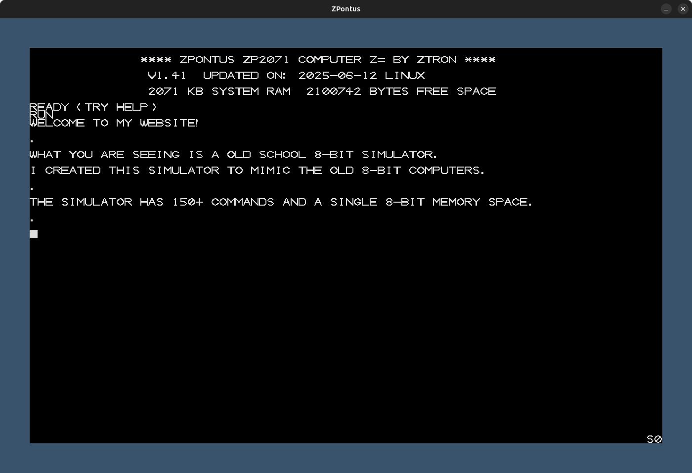 ZP2071 Computer Main Screen with welcome message.